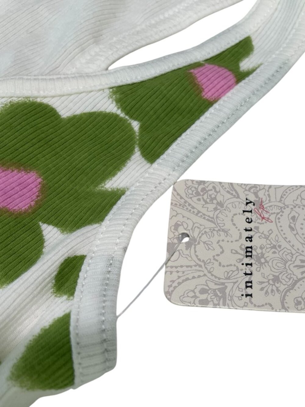 Floral Ribbed Racerback Tank Top - White with Green & Pink Flowers - Picture 10 of 12